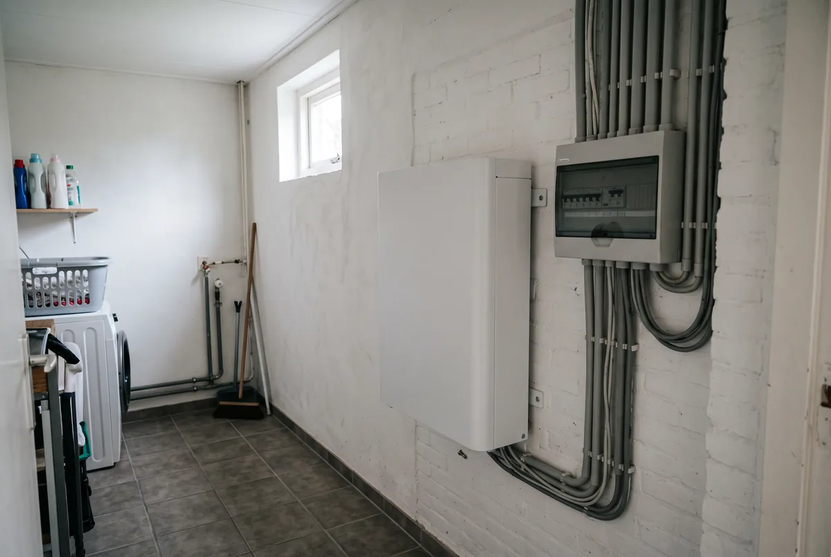 Thuisbatterij aan de muur in een berging